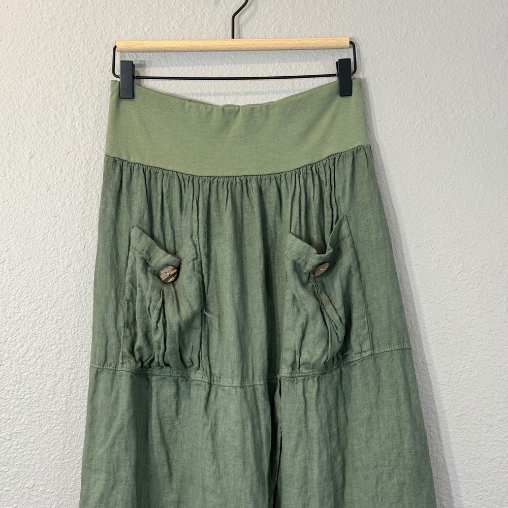 Made in Italy Size S Olive Green Linen Cotton Blend Maxi Skirt Lagenlook Pockets - Picture 5 of 6